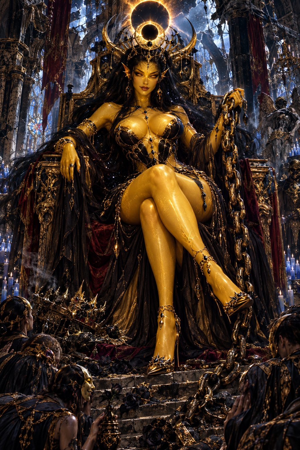 Golden skinned dark elf empress with an eclipse crown sits on an ornate gilded throne as subjects bow below her