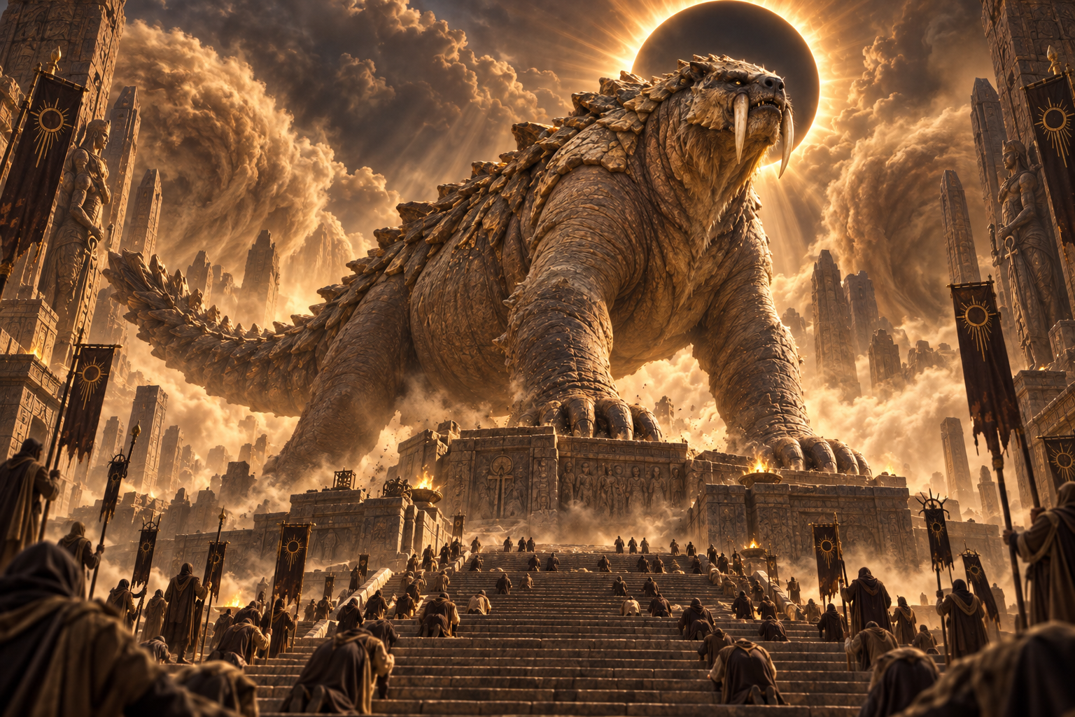 Colossal fanged mythical beast stands on an ancient temple — AI art by ...