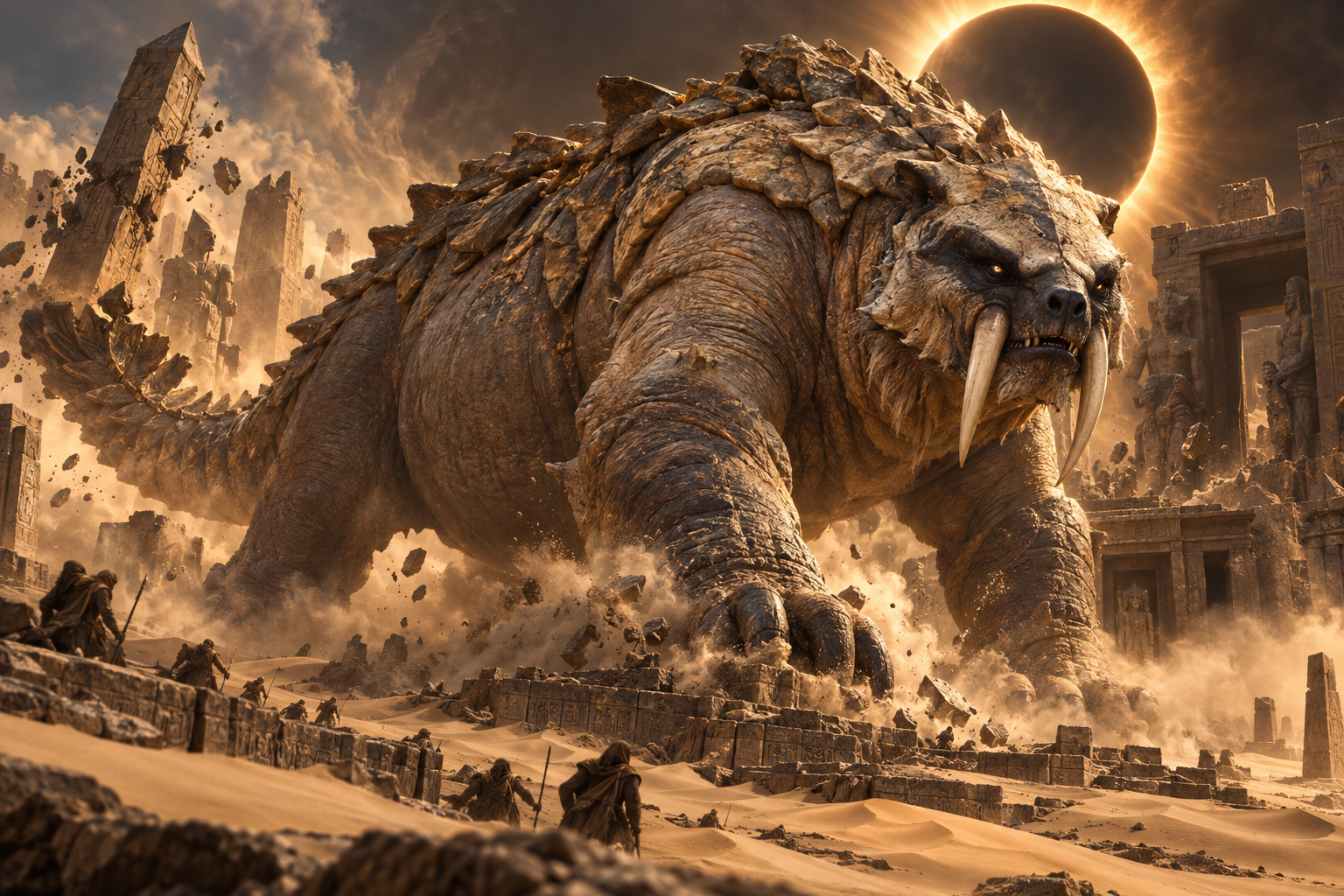 Colossal fanged mythical beast stands on an ancient temple — AI art by ...