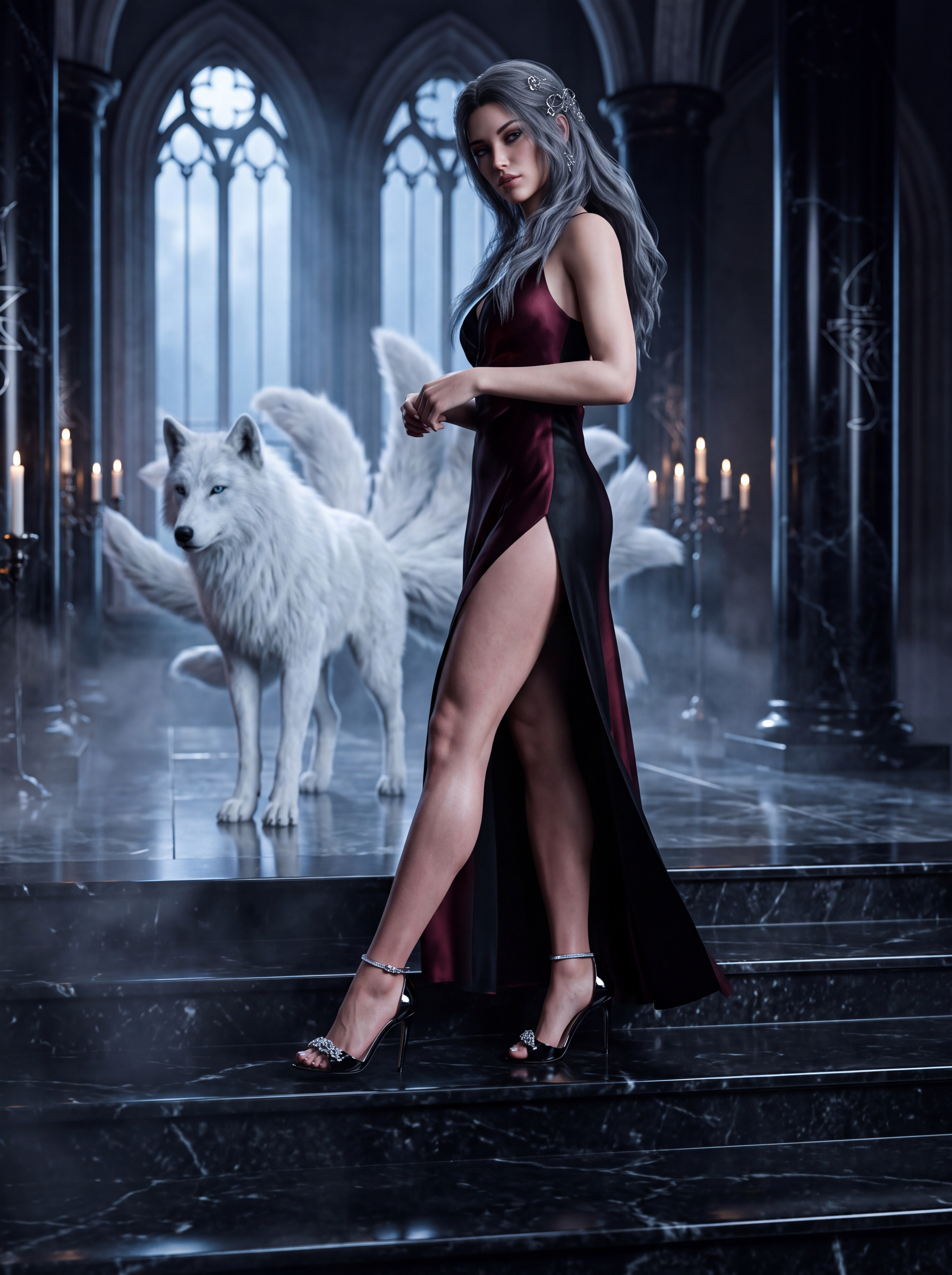 Silver-haired woman in a formal gown stands — AI art by @hadajz ...