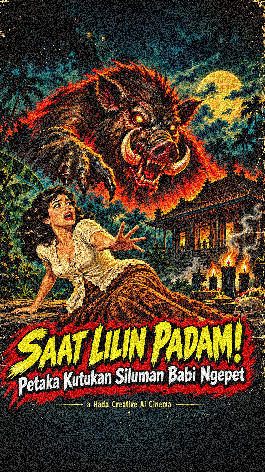 Retro horror poster of a terrified woman menaced by a fiery supernatural boar creature under a full tropical moon