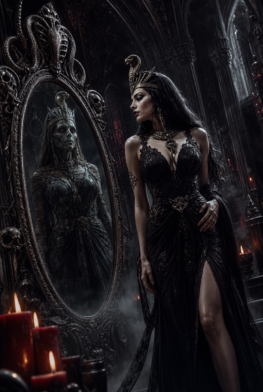 Gothic dark queen gazes at her skeletal undead reflection in an ornate mirror inside a candlelit gothic chamber