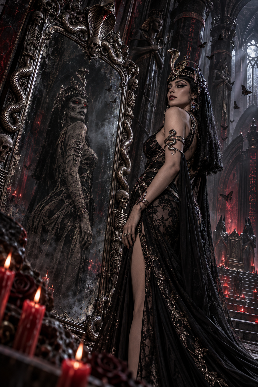 Dark fantasy Egyptian queen stands beside an ornate mirror showing her undead mummy reflection