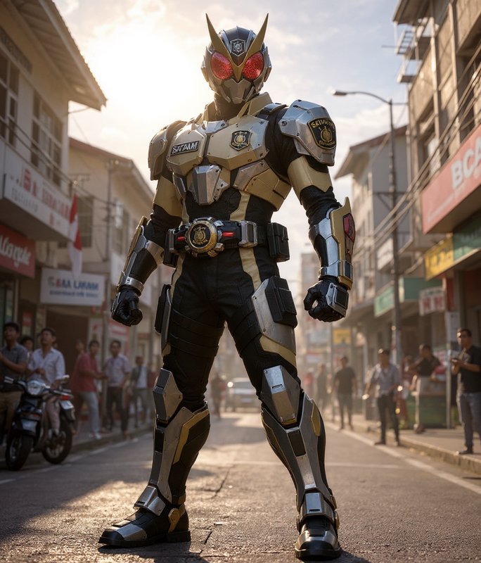 Kamen Rider-style armored hero in gold, silver, and black suit stands centered on a sunlit busy I...