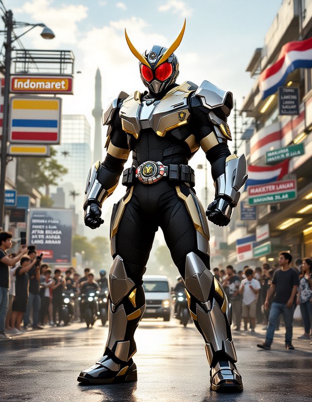 Kamen Rider style armored superhero stands at the center of a busy sunlit Jakarta city street as ...