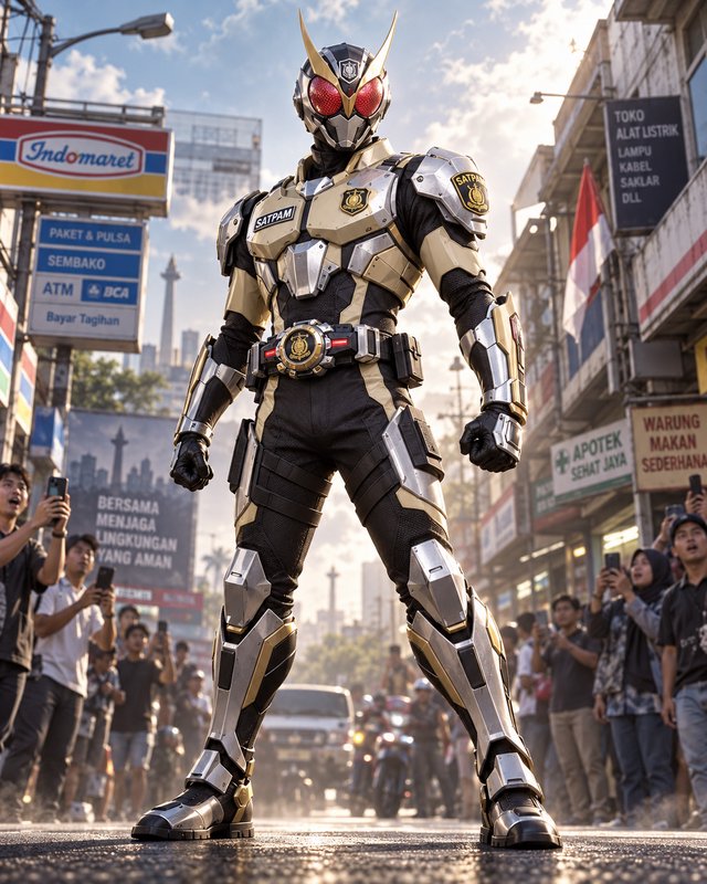 Futuristic tokusatsu-style armored Indonesian security guard stands heroically on a busy Jakarta ...