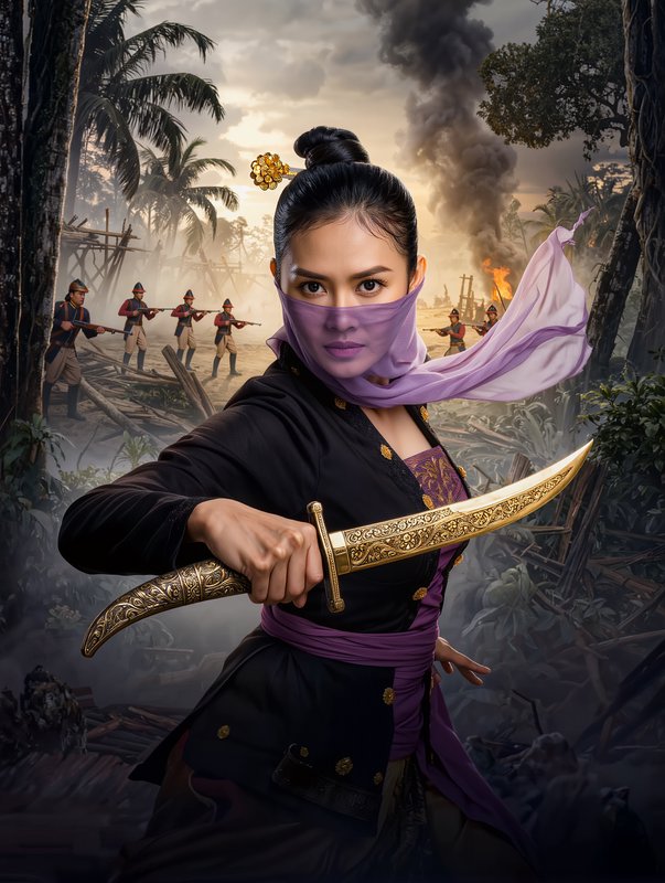 Veiled female warrior holds an ornate golden sword against a smoky jungle battle backdrop