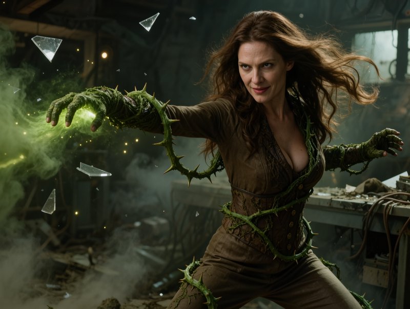 Supernatural woman with vine-covered arms casts glowing green magic amid floating shattered glass...