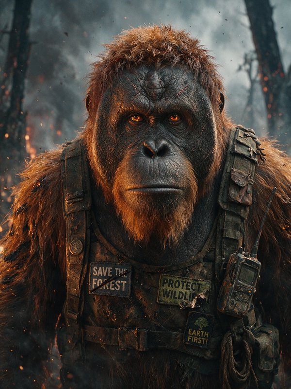 Stoic tactical ranger orangutan stands amid a burning wildfire forest with intense glowing eyes