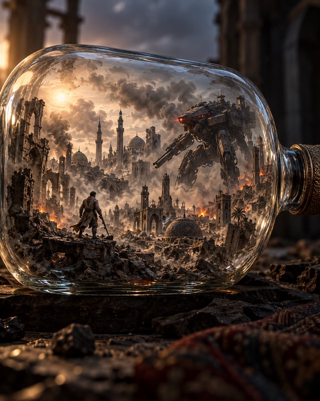 Miniature post-apocalyptic battlefield with a warrior and giant mech contained inside a clear gla...
