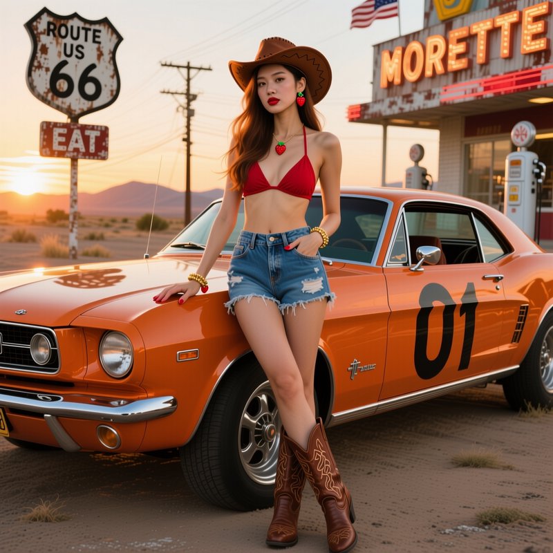 Stylish cowgirl leaning on orange classic muscle car at a Route 66 desert gas station at sunset