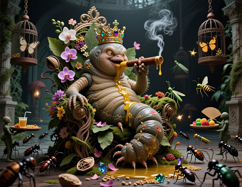 Jeweled caterpillar king sits on a floral throne drinking honey from a pipe surrounded by insect ...