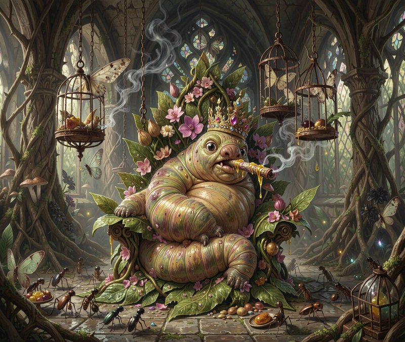 Crowned giant caterpillar monarch sits on a leaf throne smoking a honey pipe in an overgrown goth...