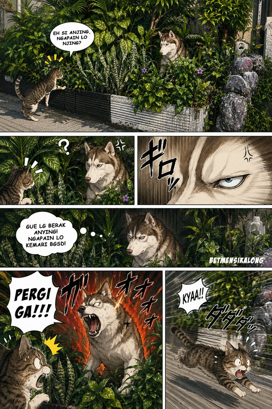 Humorous manga comic strip of a tabby cat startling an angry husky hiding in garden foliage