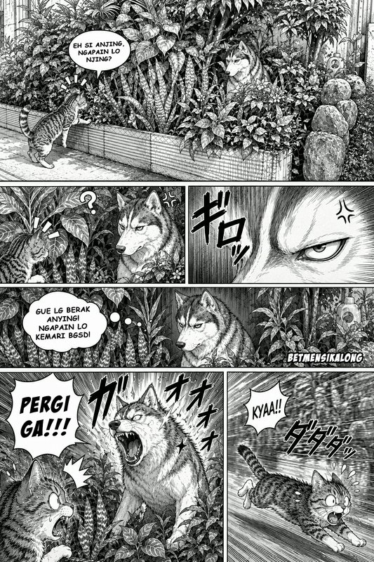 Humorous black and white manga strip showing a tabby cat startling an angry husky hiding in a garden
