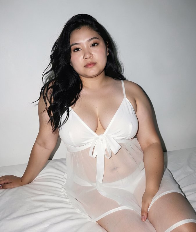 Plus size East Asian woman in sheer white lingerie sits on a white bed against a plain neutral wall