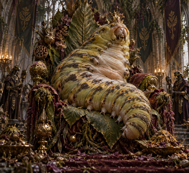 Giant crowned caterpillar monarch sits on an ornate botanical throne in an overgrown fey palace hall
