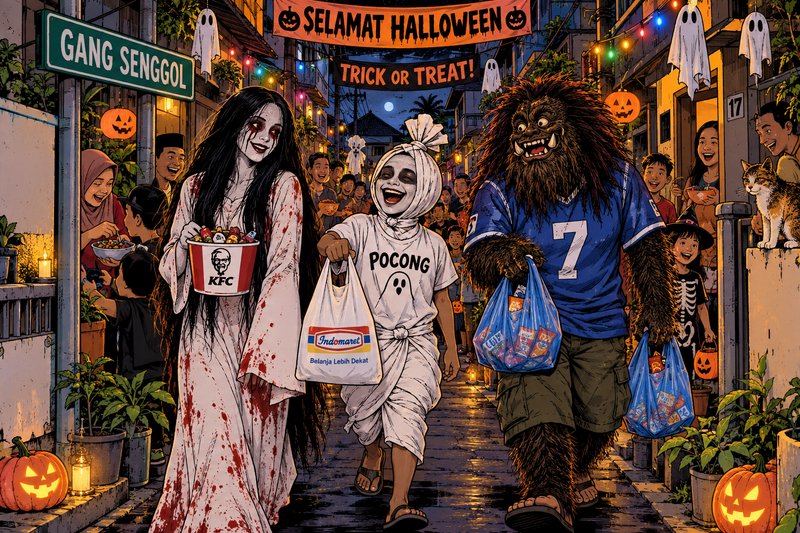 Costumed trick or treaters walk down a decorated Indonesian residential street during a lively neighborhood Halloween