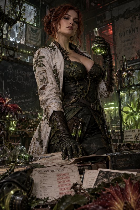 Redheaded botanist holds a glowing green toxic flask in an overgrown derelict laboratory