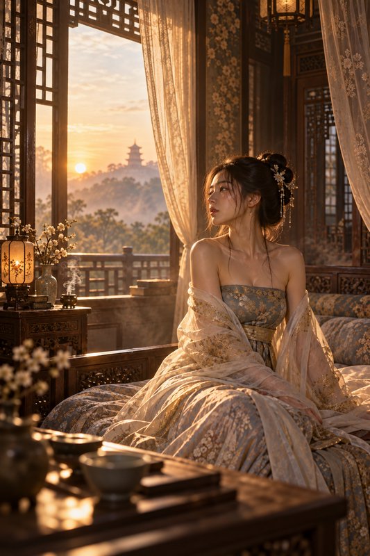 Elegant woman in embroidered hanfu sits in a traditional Chinese chamber watching golden sunset over distant hills