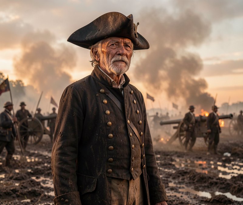 Elderly Revolutionary War officer stands on a smoky muddy battlefield at sunset