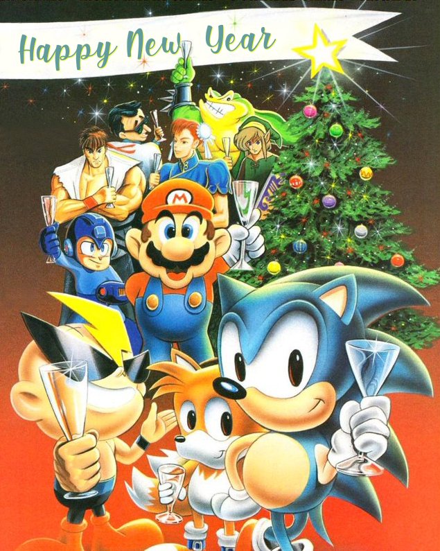 Vintage 90s video game crossover art of iconic game characters toasting a Happy New Year next to ...