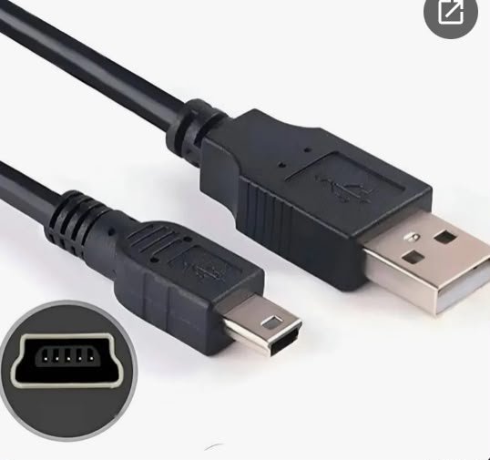 Black USB-A to Mini USB charging and data cable, with inset closeup of the mini port, on a plain ...