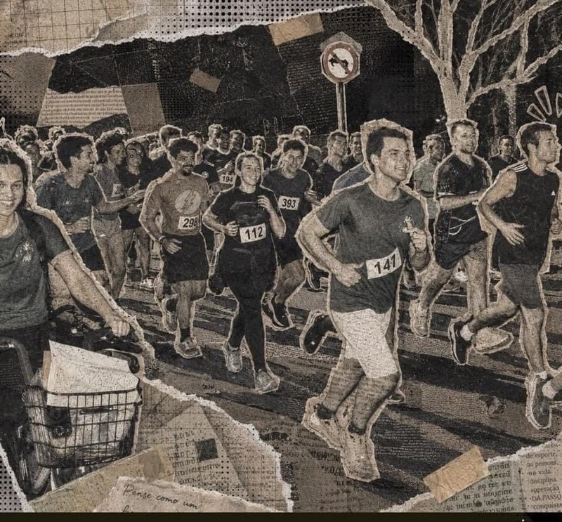Torn paper mixed media collage showing a crowd of bib-wearing runners competing in an urban stree...