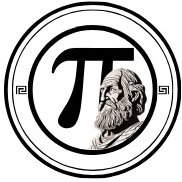 Circular monochrome emblem featuring pi symbol, ancient Greek philosopher bust, and Greek key bor...