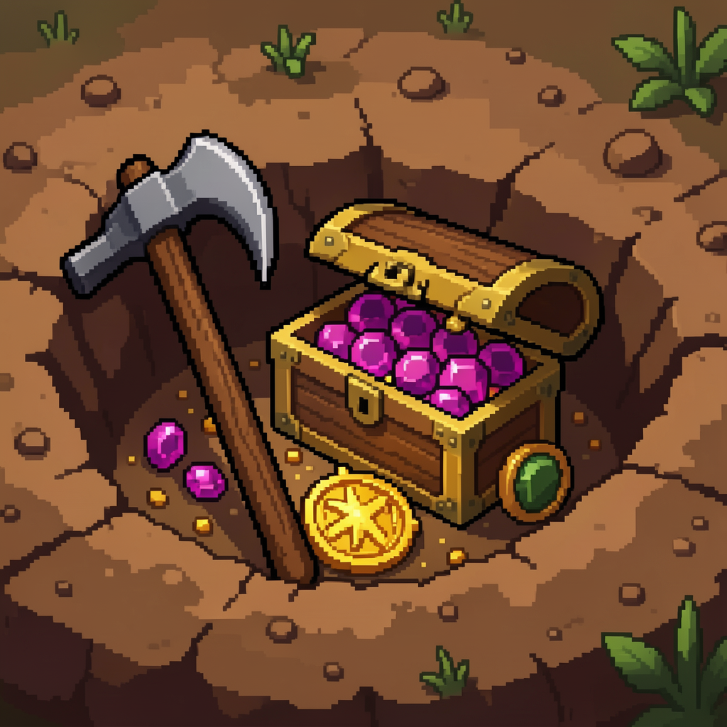Pixel art pickaxe next to an open treasure chest of purple gems in a dug dirt pit