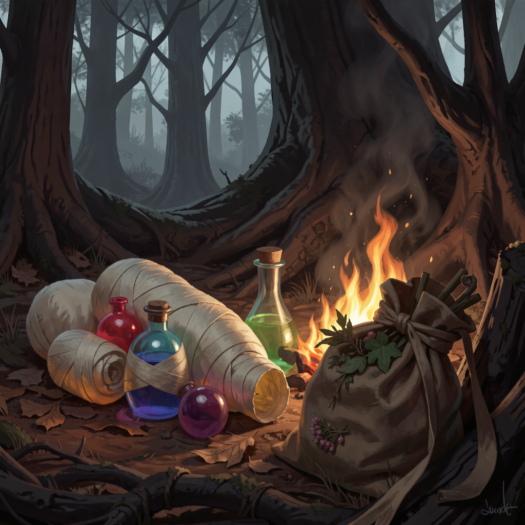 Colorful potion bottles, bandages, and a travel sack sit next to a campfire in a misty old forest