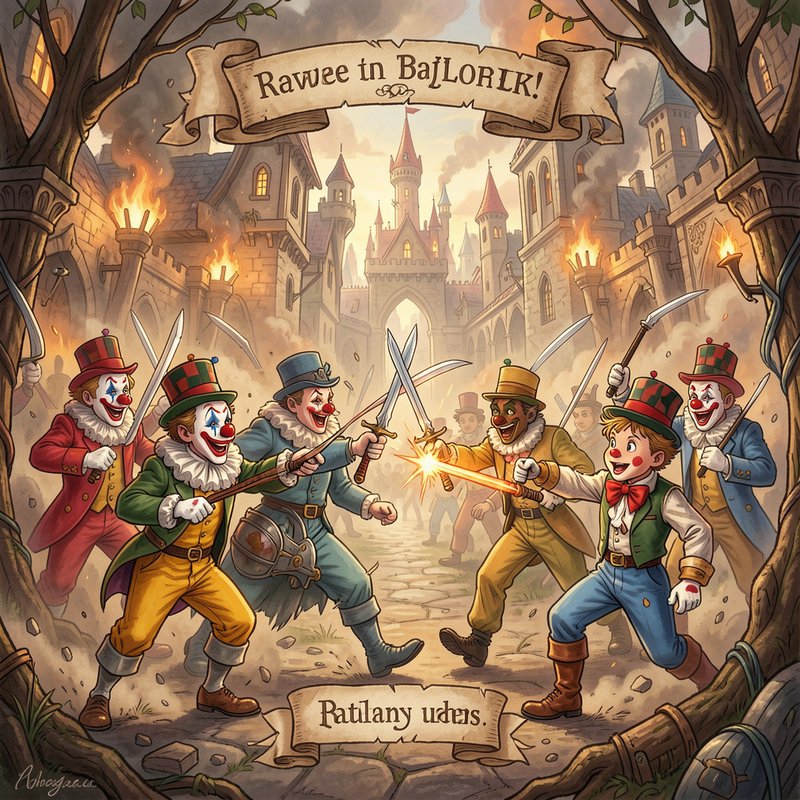 Clown characters duel with swords in a burning medieval fantasy castle courtyard