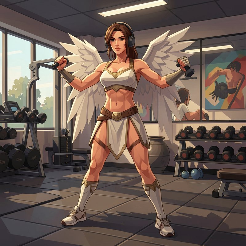 Muscular winged valkyrie woman lifts dumbbells while working out in a sunlit modern gym wearing h...