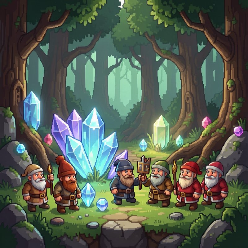 Pixel art scene of dwarves gathered around glowing magical crystals in an enchanted forest