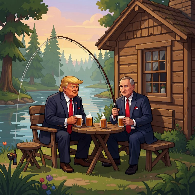 Pixel art of Donald Trump and Vladimir Putin drinking beer while fishing outside a rustic riversi...