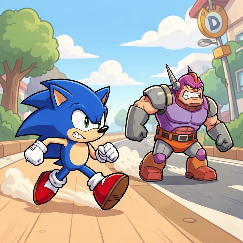 Angry Sonic the Hedgehog sprints toward a menacing armored villain on a sunny suburban street