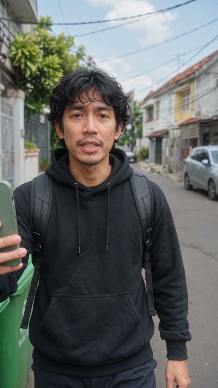 Candid shot of a man in a black hoodie holding a smartphone while standing on a quiet residential...