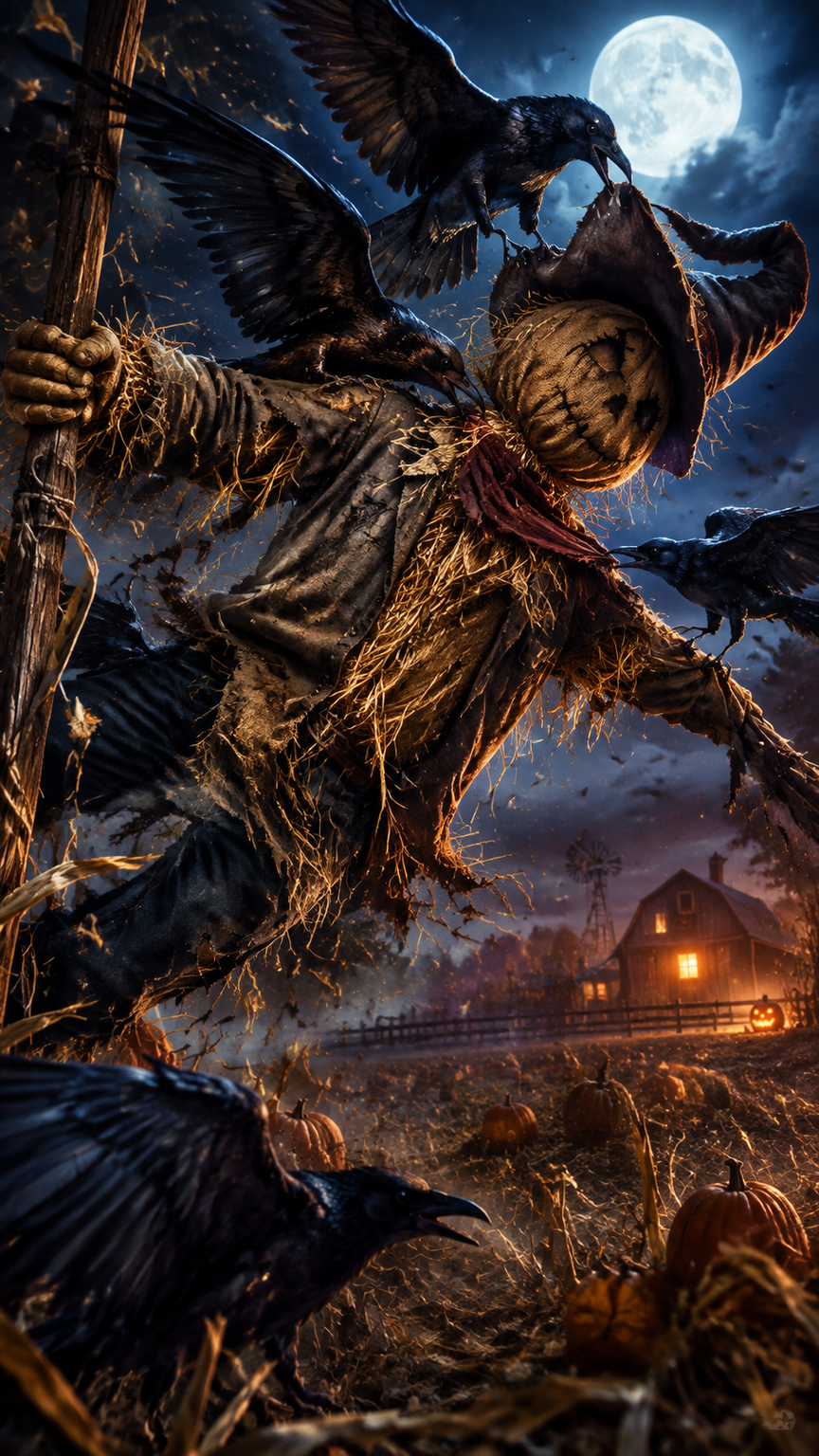 Menacing jack-o-lantern scarecrow swarmed by crows — AI art by ...