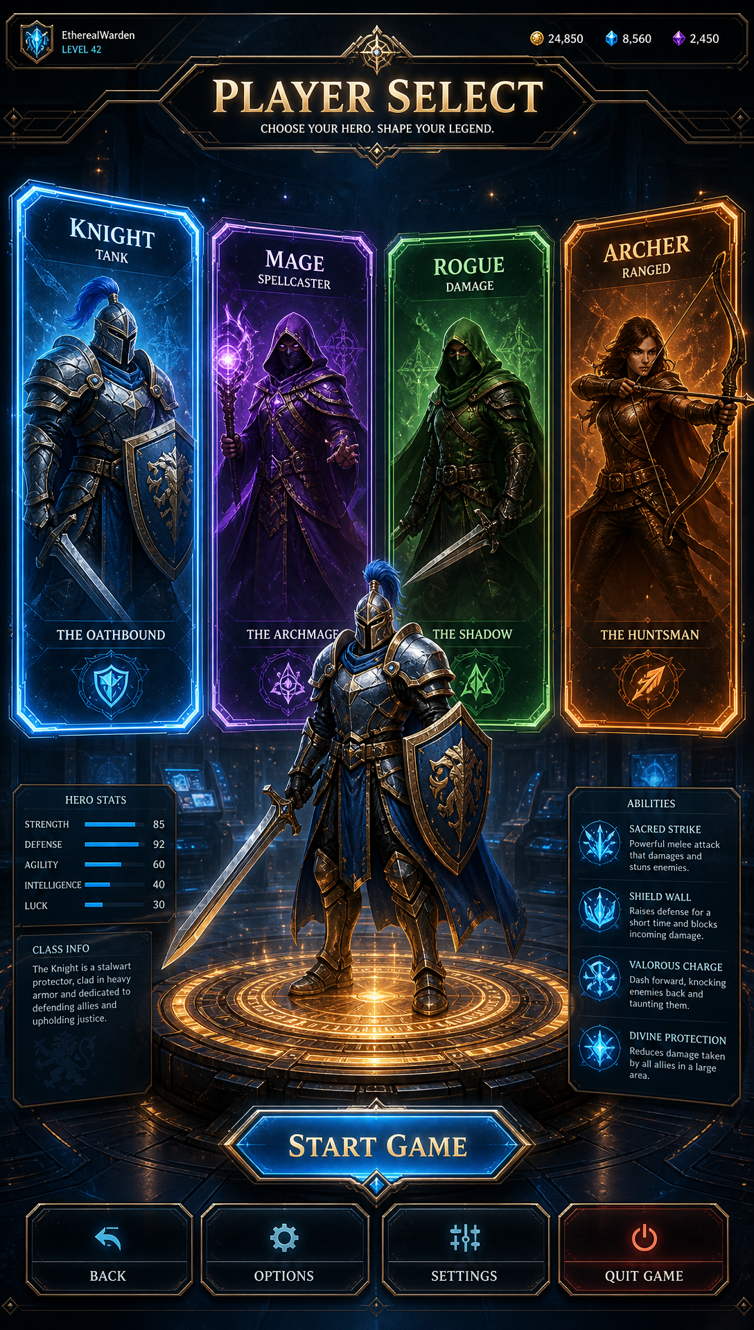 Fantasy RPG player select screen displaying four playable hero… — AI ...