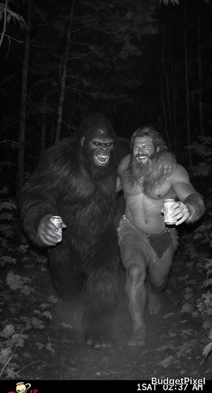 Grainy night trail cam shot of Bigfoot and a bearded caveman holding beverage cans, posing arm-in...