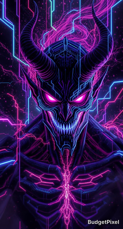 Menacing cyberpunk horned demon with glowing pink eyes and neon circuit detailing against a dark ...