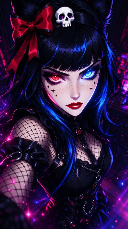 Gothic cat-eared anime girl with heterochromatic red and blue eyes, skull headband and red bow