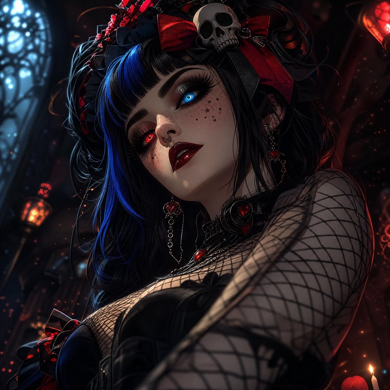 Gothic woman with heterochromatic glowing eyes and skull hair accessories in a dim fantasy interior
