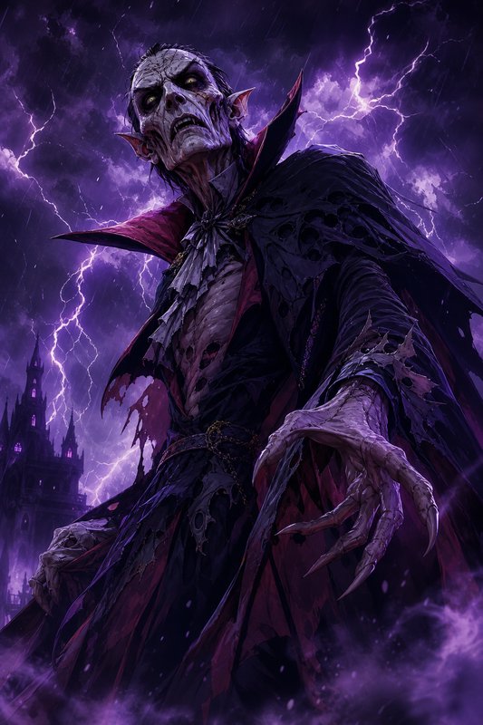 Grotesque ancient undead vampire lord looms threateningly beneath purple storm lightning next to ...