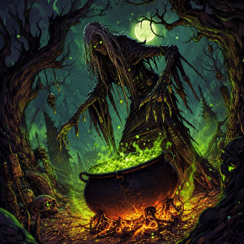 Undead crone witch tends a bubbling glowing green cauldron in a haunted moonlit forest