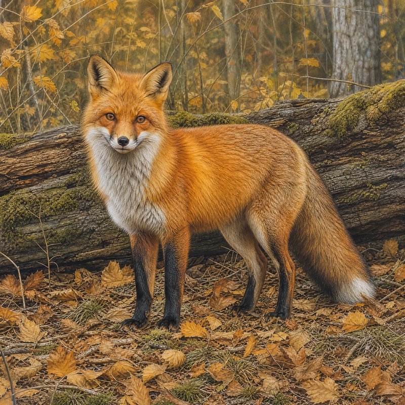 Red fox standing alert facing the camera on an autumn forest floor beside a mossy fallen log