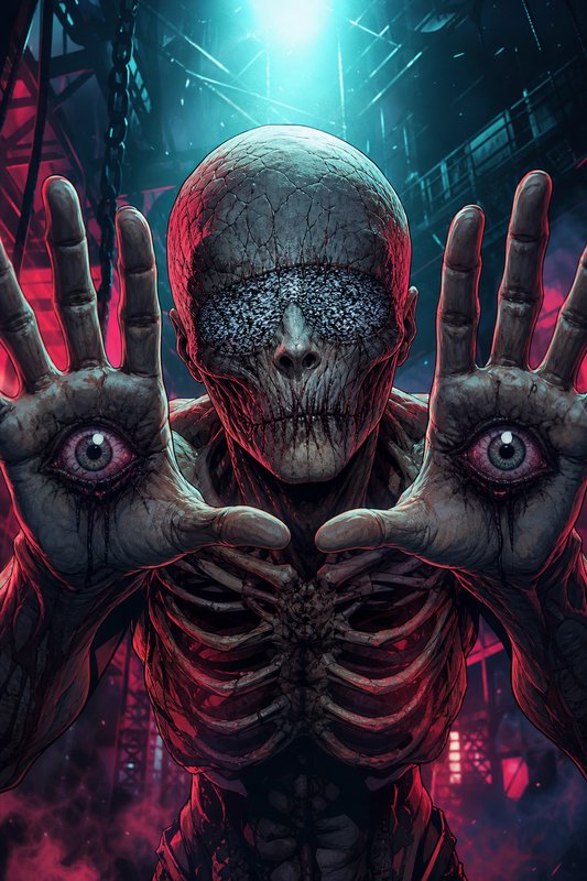 Emaciated undead horror creature reaches toward the viewer, eyes embedded in its outstretched palms