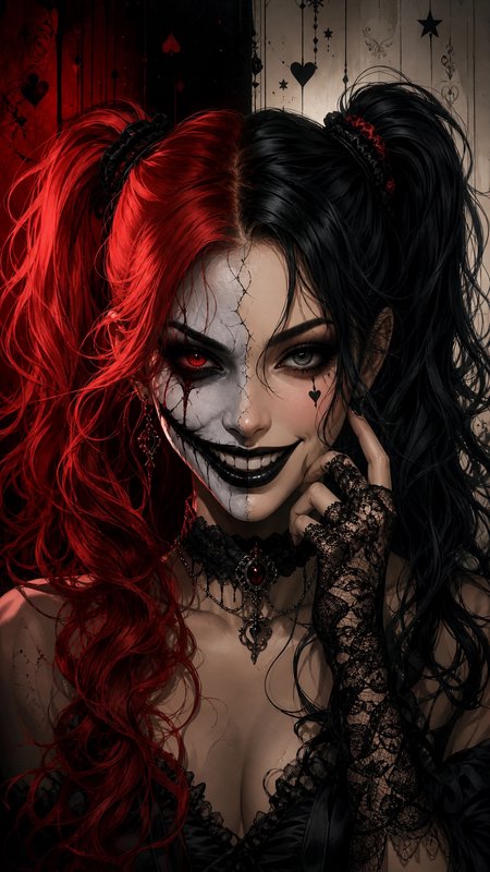 Gothic split portrait of a harlequin woman with half red half black pigtails and contrasting clow...