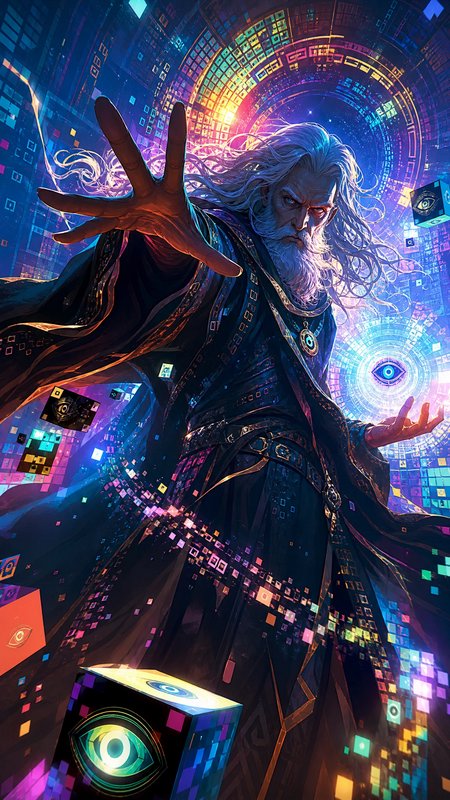 Powerful ancient techno wizard reaches forward surrounded by glowing pixelated arcane portals and...