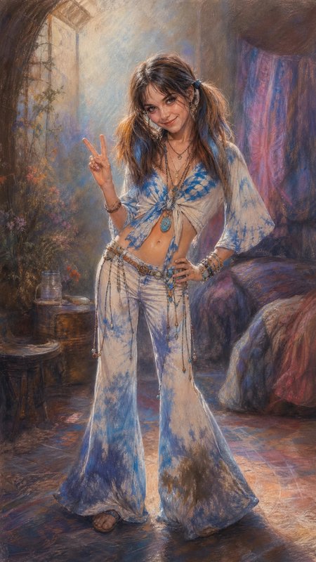 Young woman in a bohemian tie-dye outfit smiles while holding up a peace sign in a sunlit cozy room